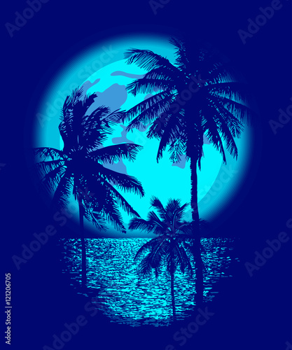 Tropical Full Moon over the ocean. Reflection of palm trees and tropical moon night. Vector