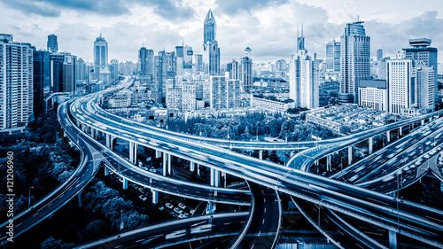 Canvas Print High-angle view of Shanghai Highway in blue tone.