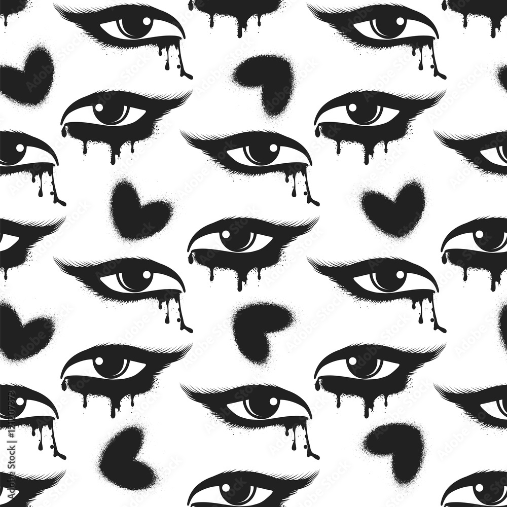 Seamless pattern with black grunge hearts and tearful eyes. Vector illustration Seamless pattern with black grunge hearts and tearful eyes. Vector illustration