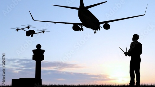 Man operating a flying drone quadrocopter UAV near commercial airplane