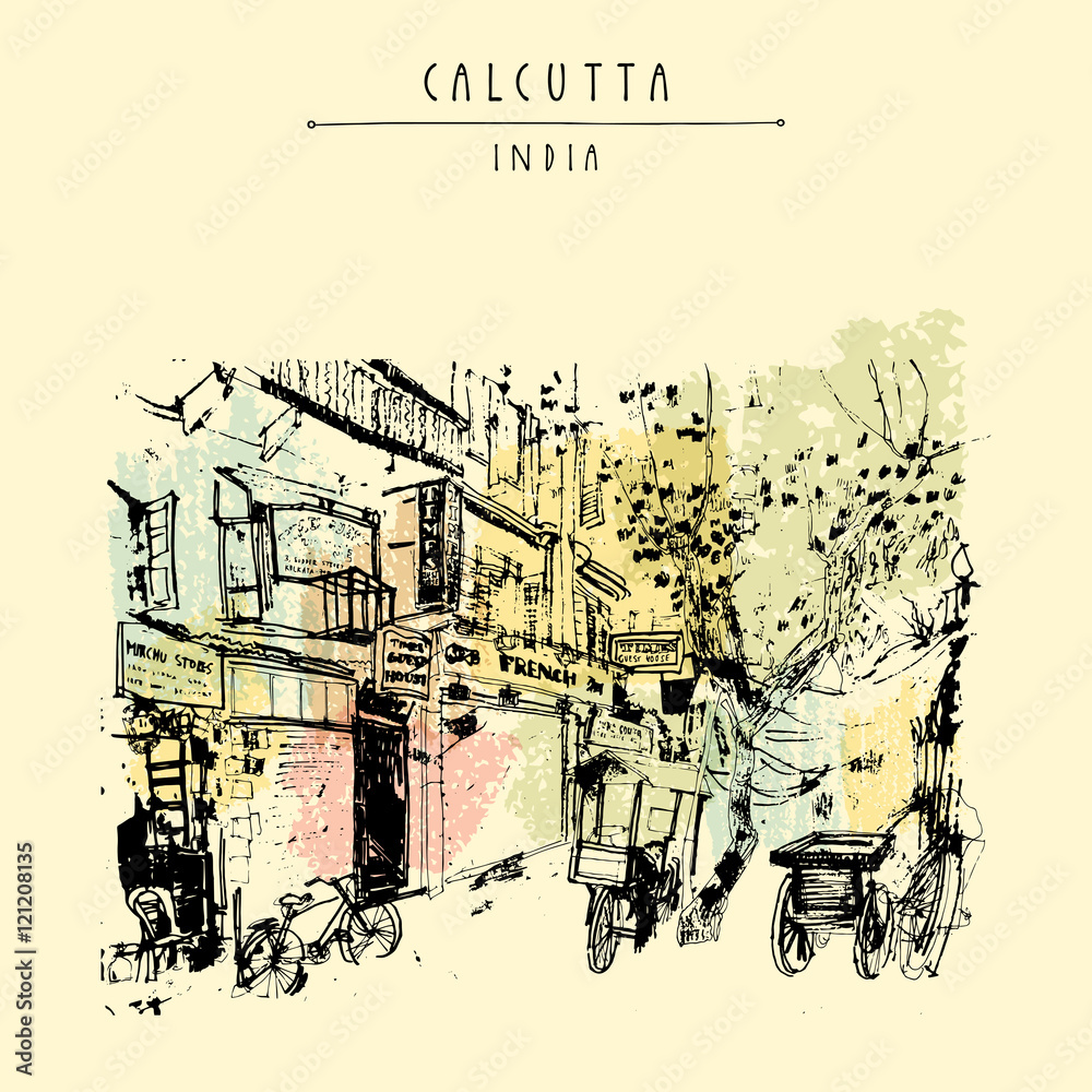 Sudder street in Calcutta, West Bengal, India. Old colonial buildings. Travel sketch. Handdrawn vintage touristic postcard