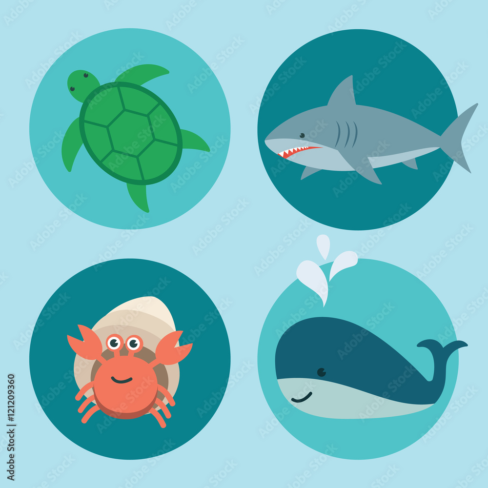 Cute ocean animals icons on Blue Sea background. Aquatic and Marine life  vector illustration of Sea Turtle, Hermit Crab, Whale, Shark in flat  design. Stock Vector | Adobe Stock
