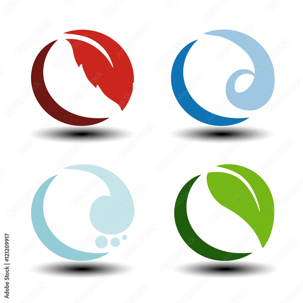 Vector natural symbols - fire, air, water, earth - nature circular icons with flame, bubble air, wave water and leaf. Elements of ecology sources, alternative energy.