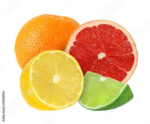 whole and cut orange, grapefruit, lemon, lime fruits isolated on white background with clipping path