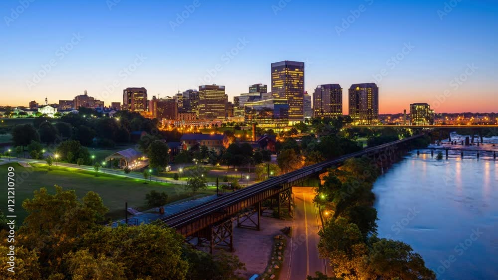 Richmond, Virginia, USA downtown skyline time lapse on the James River.