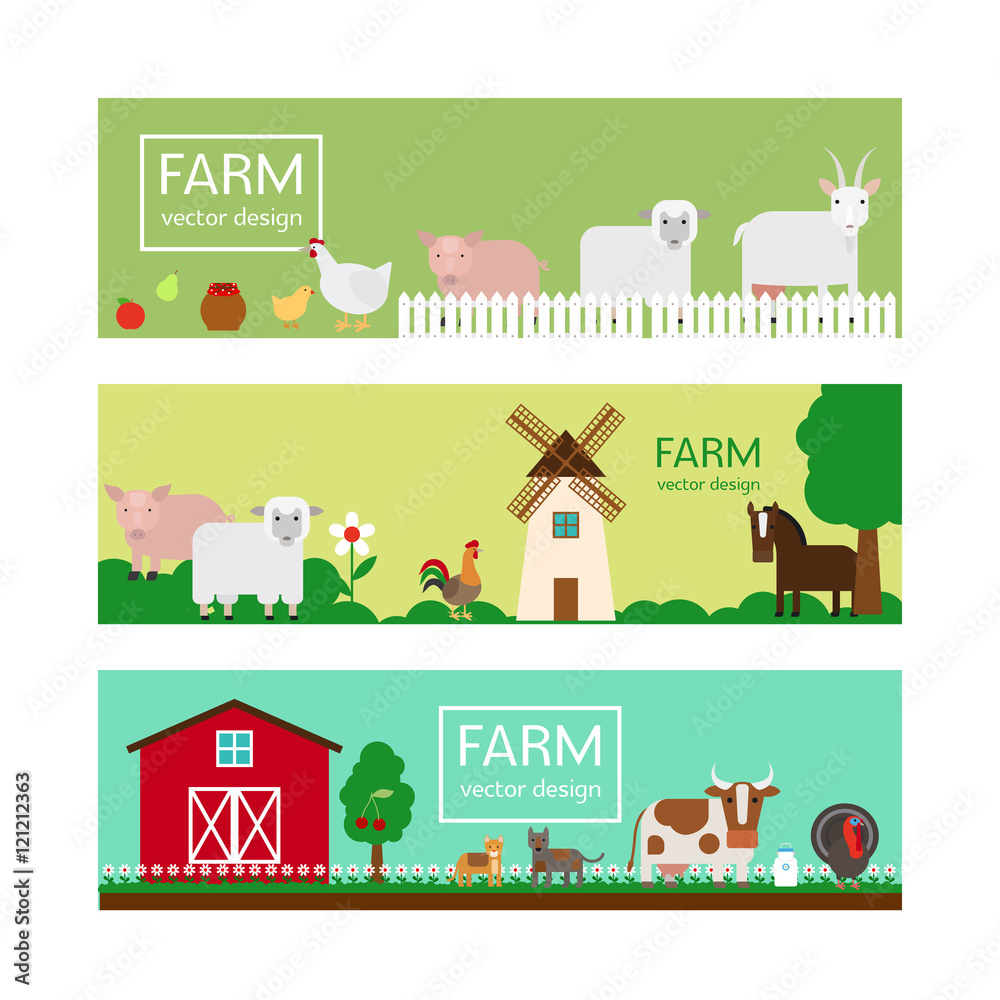 Farm animals in flat style vector banner templates Stock Vector | Adobe ...