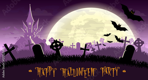 Halloween background. Monsters bats on old cemetery backdrop on scary castle, moon and graves. Concept for banner, poster, flyer, cards or invites on party. Cartoon style. Vector illustration