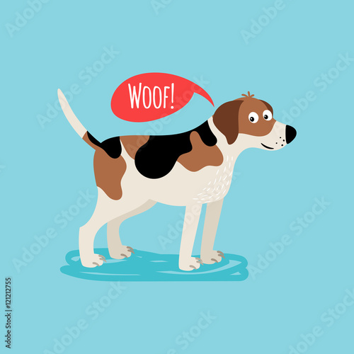 Vector cartoon happy dog, card template with text woof