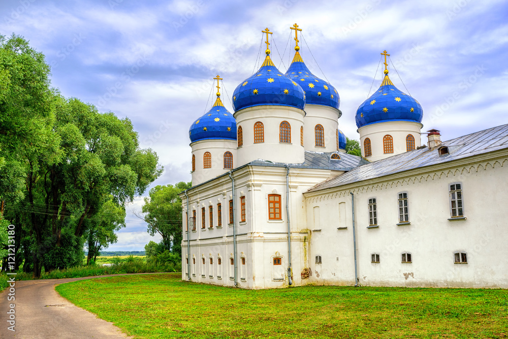 Blue domes of Yuriev Monastery, Novgorod, Russia