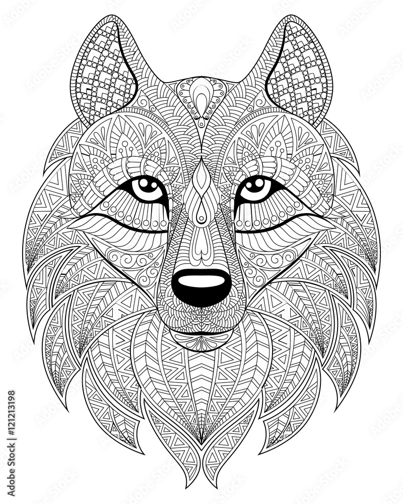 Fototapeta premium Wolf head in zentangle style. Adult antistress coloring page. Black and white hand drawn doodle for coloring book. Ethnic pattern, ornament.