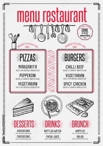 Menu restaurant, food template placemat.