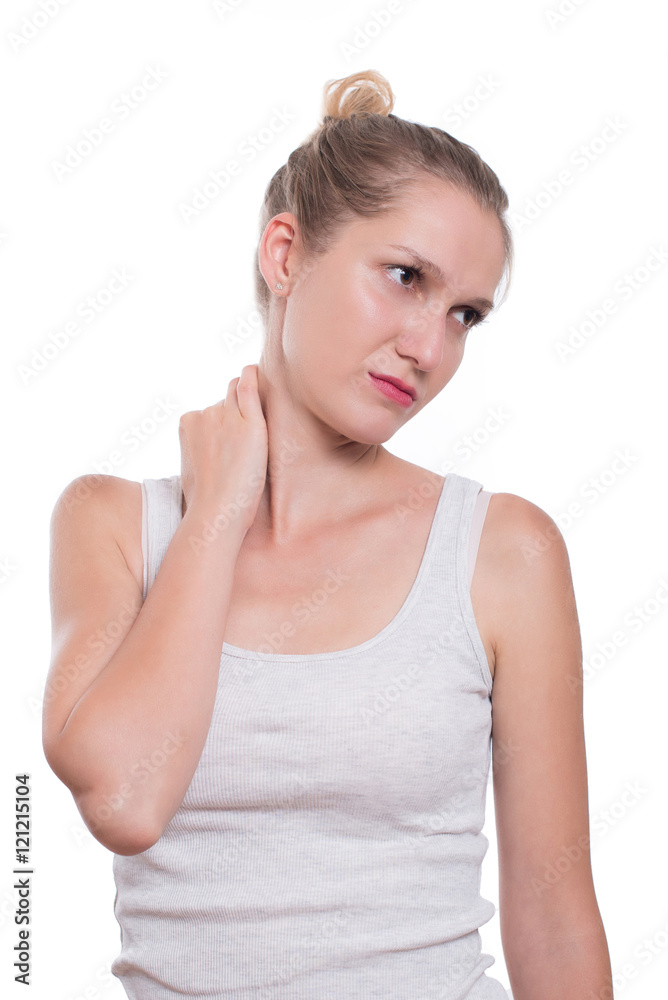 Woman with neck pain, isolated on white background Woman with neck pain, isolated on white background