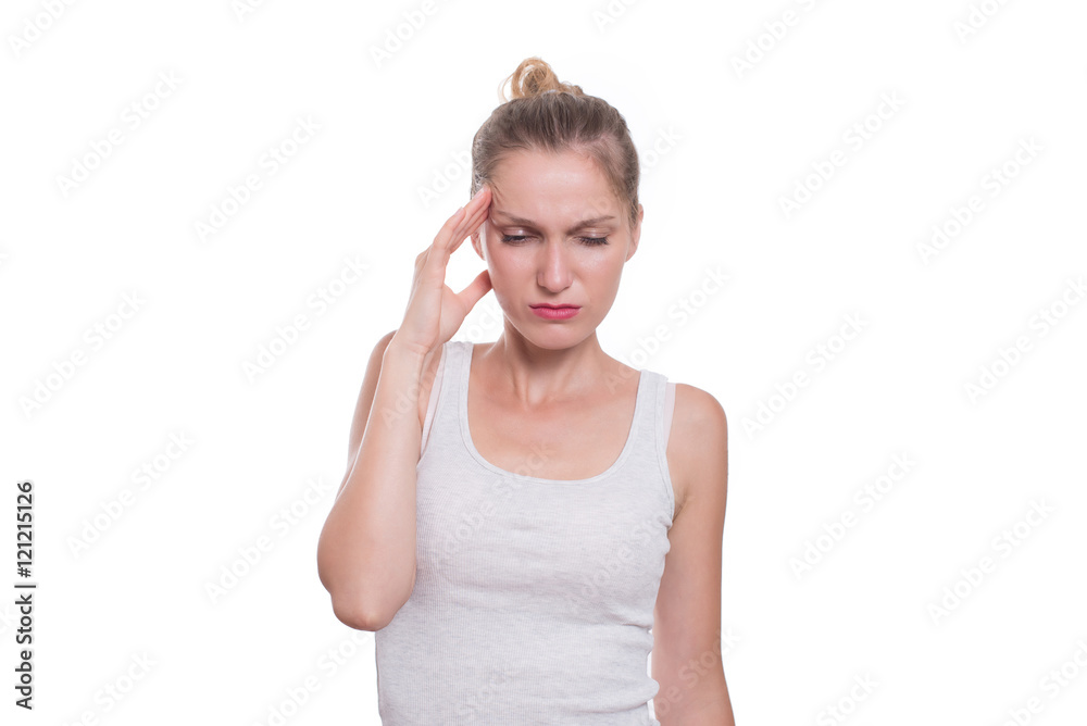 Woman having headache, isolated on white background Woman having headache, isolated on white background