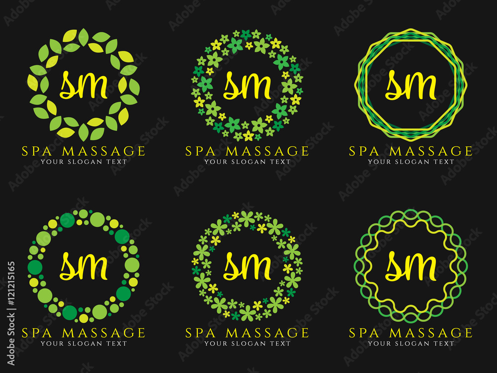 nature green circle logo for spa massage or nature business vector illustration set design