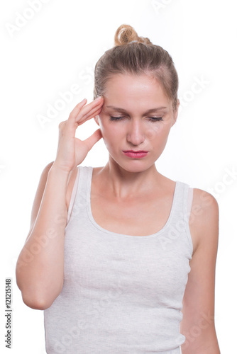 Woman having headache, isolated on white background