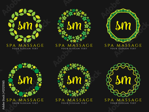 nature green circle logo for spa massage or nature business vector illustration set design