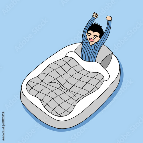 man wake up happy early in the morning, hand drawn vector illustration design