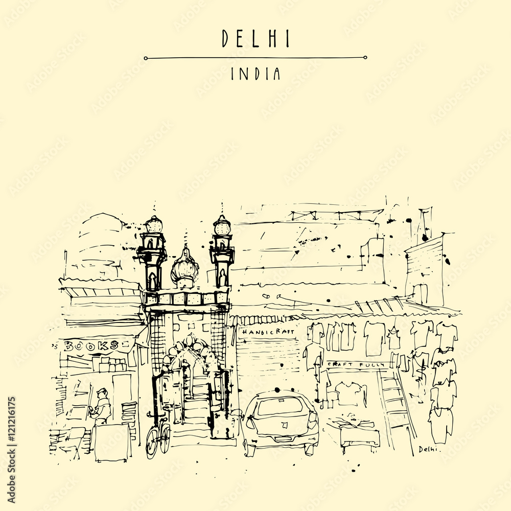 Mosque entrance. Old historic building in Main Bazar street, Paharganj, Delhi, India. Hand-drawn vintage touristic postcard