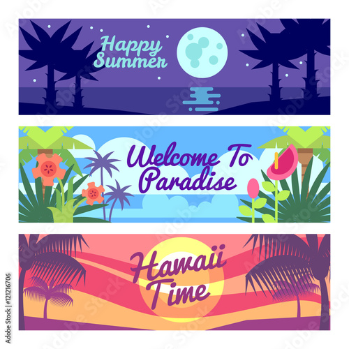 Happy summer travel time hawaii vector advertising banners set with tropical plants and flowers
