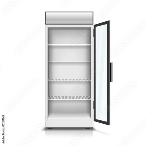 Modern vertical refrigerator with open transparent front panel isolated vector 3D Illustration