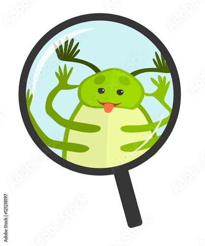 Green bug shows tongue in the magnifying glass.
