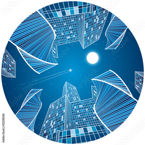 Business building, night city, urban scene, infrastructure illustration, modern architecture, skyscrapers and towers, airplane flying, round composition, vector design art