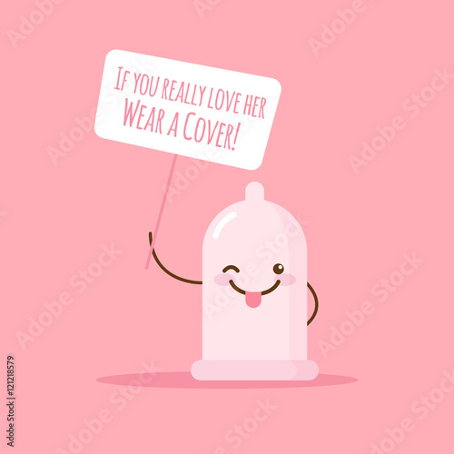 Vector emoji condom with poster about safe love. Cartoon sticker.
