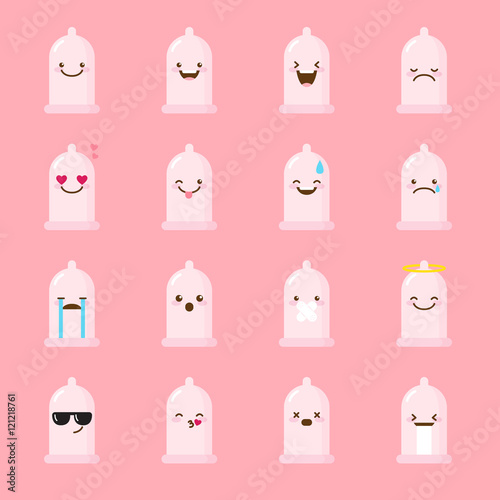 Vector condom emoji set. Funny emoticons.