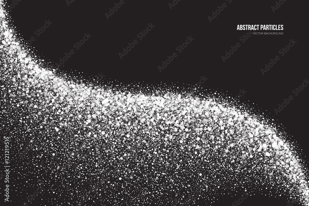 Abstract bright white shimmer glowing round particles vector background. Snowfall effect. Falling scatter shine tinsel light explosion. Celebration, holidays and party illustration Abstract bright white shimmer glowing round particles vector background. Snowfall effect. Falling scatter shine tinsel light explosion. Celebration, holidays and party illustration