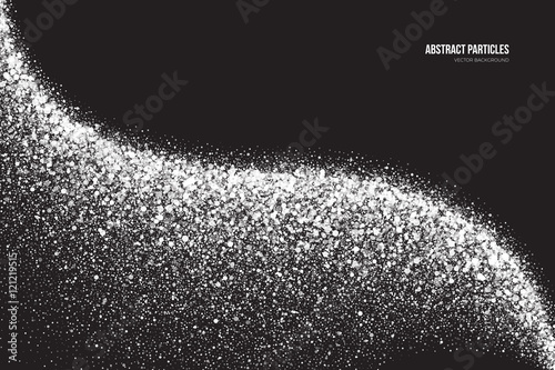 Abstract bright white shimmer glowing round particles vector background. Snowfall effect. Falling scatter shine tinsel light explosion. Celebration, holidays and party illustration