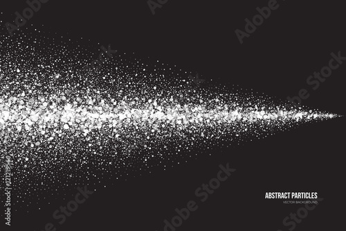 Abstract bright white shimmer glowing round particles vector background. Snowfall effect. Falling scatter shine tinsel light explosion. Celebration, holidays and party illustration