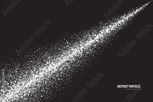 Abstract bright white shimmer glowing round particles vector background. Snowfall effect. Falling scatter shine tinsel light explosion. Celebration, holidays and party illustration