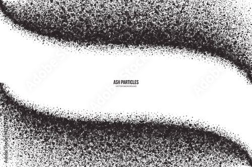 Abstract vector dark gray round ash particles on white background. Spray effect. Scatter exploding falling black drops. Hand made grunge texture