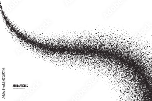 Abstract vector dark gray round ash particles on white background. Spray effect. Scatter exploding falling black drops. Hand made grunge texture