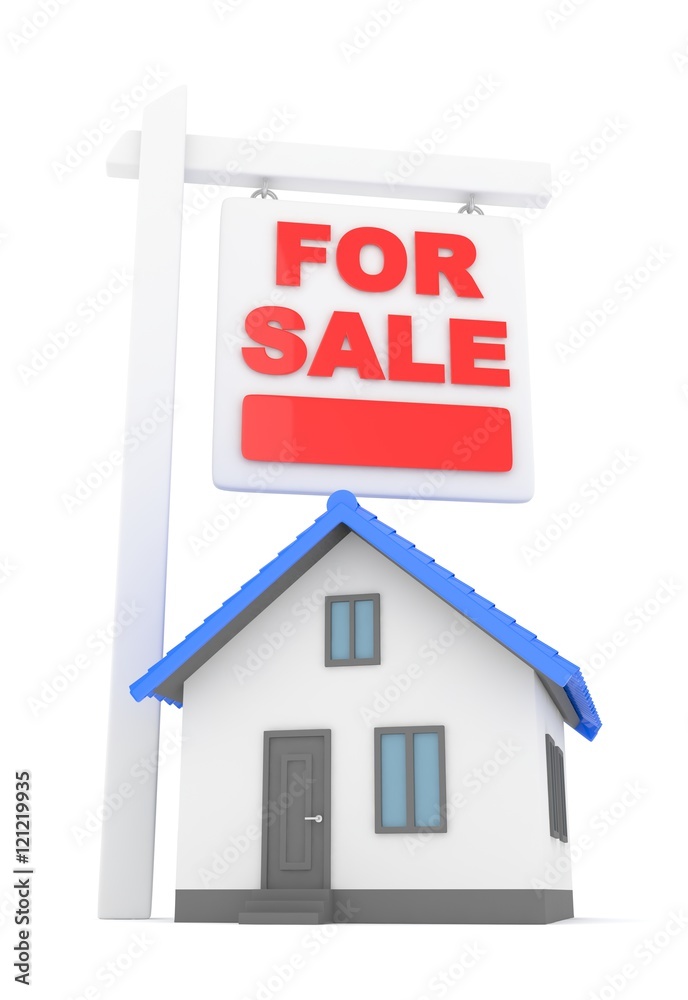 Isolated model of house with for sale sign on white background. Good investment in real estate. Buy new apartment. 3D rendering. Isolated model of house with for sale sign on white background. Good investment in real estate. Buy new apartment. 3D rendering.