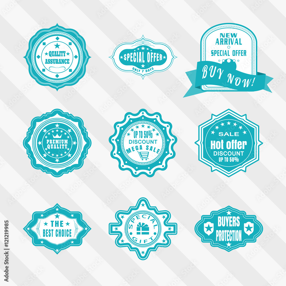 Vintage labels vector set. Retro blue and white badges vector set. Vector set of blue and white labels for advertisement.
