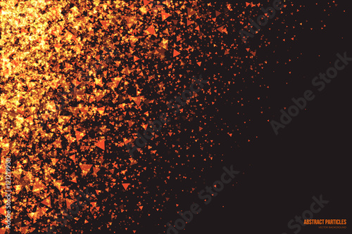 Abstract bright golden shimmer glowing triangular particles vector background. Scatter shine tinsel light explosion effect. Burning sparks wallpaper. Celebration, holidays and party illustration