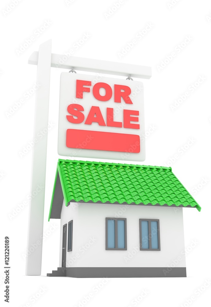 Isolated model of house with for sale sign on white background. Good investment in real estate. Buy new apartment. 3D rendering. Isolated model of house with for sale sign on white background. Good investment in real estate. Buy new apartment. 3D rendering.