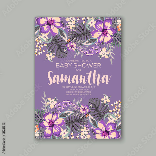 Baby shower invitation template with watercolor tropical flower wreath