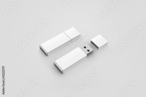 Fényképezés Blank white usb drive design mockup, 3d rendering, opened and closed, clipping path