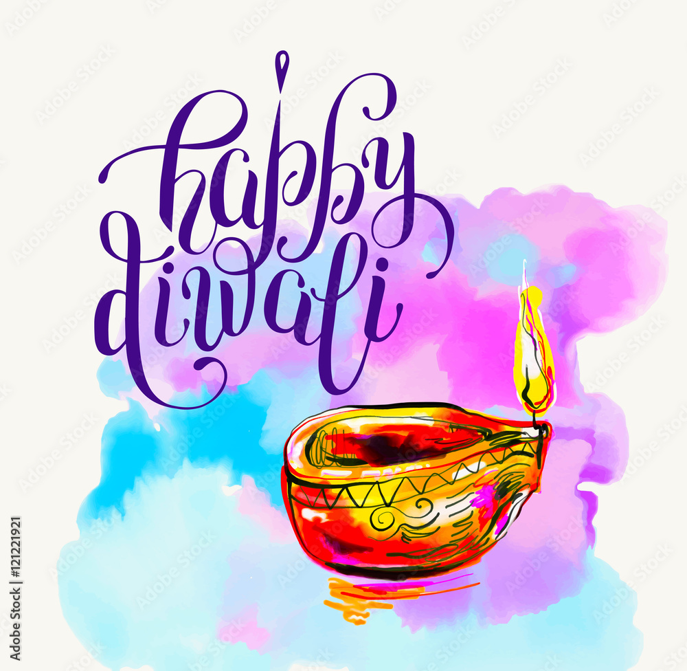 Happy Diwali watercolor greeting card to indian fire festival wi - obrazy, fototapety, plakaty 