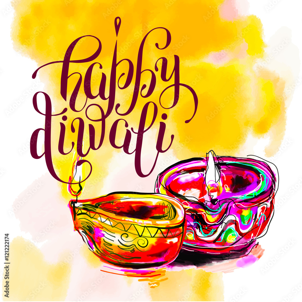 Happy Diwali watercolor greeting card to indian fire festival wi - obrazy, fototapety, plakaty 