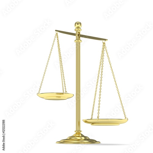 Isolated white golden scales on white background. Symbol of judgement. Law, measurement, liberty in one concept. 3D rendering.