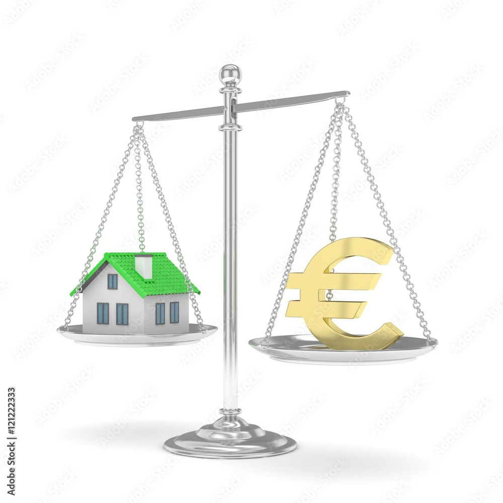 Isolated silver scales with golden euro and house on white background. Investment or savings concept. Real estate and currency. 3D rendering. Isolated silver scales with golden euro and house on white background. Investment or savings concept. Real estate and currency. 3D rendering.