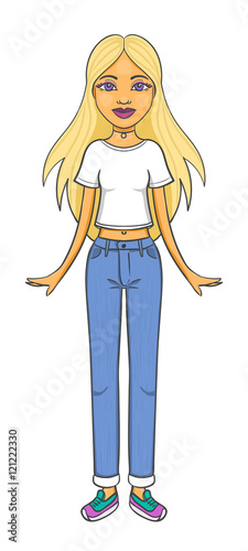 Skinny caucasian girl in white t-shirt and blue jeans