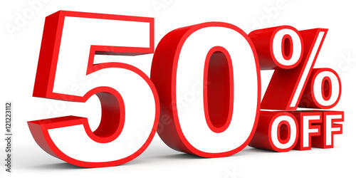 Discount 50 percent off. 3D illustration on white background.