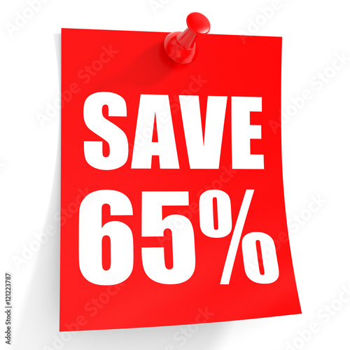 Discount 65 percent off. 3D illustration on white background.