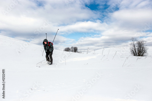 Skier hiker goes down hill in forest virgin snowly heels. Winter hiking concept. Many place for your text