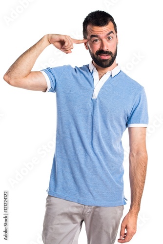 Man with blue shirt making crazy gesture