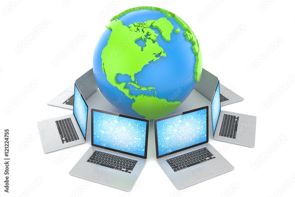Laptop network around earth globe. 3d render Laptop network around earth globe. 3d render